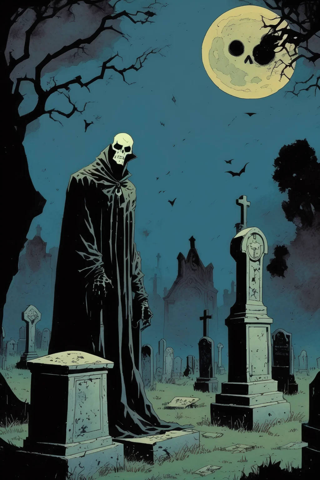 <lora:Mike Mignola Style:1>Mike Mignola Style - un personnage phantomatique dans un cimetire a la pleine lune style mike mignola