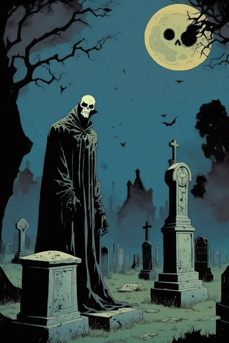 <lora:Mike Mignola Style:1>Mike Mignola Style - un personnage phantomatique dans un cimetire a la pleine lune style mike mignola