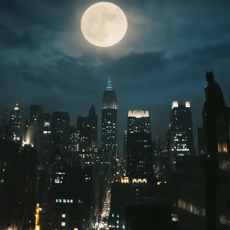 cinematic film still of <lora:perfection style:0.6>
<lora:gotham city style v2:0.8>
<lora:Chiaroscuro Lighting Style:0.6>
In Gotham City a city skyline at night with a full moon and blue night,outdoors,sky,no humans,night,building,star (sky),night sky,scenery,starry sky,city,cityscape,skyscraper,city lights , detailed, real, different, unique, cinematic, dramatic, concept art, filmic, detailed background, detailed settings, artstation, gothic New York, gotham city style, shallow depth of field, vignette, highly detailed, high budget, bokeh, cinemascope, moody, epic, gorgeous, film grain, grainy