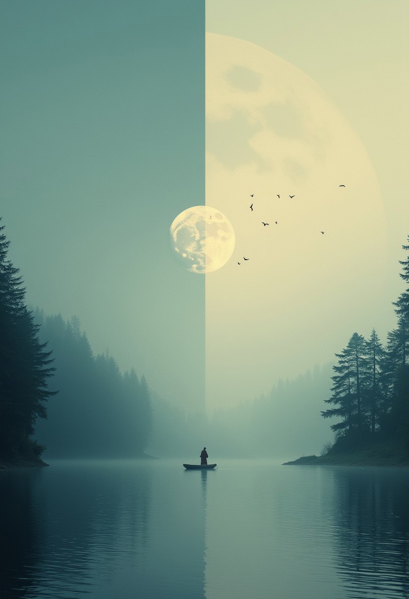 This image is a hyper-realistic cinematic photogrpah featuring a stylized landscape scene. The photo is divided vertically into three sections. The left section is dominated by a calm lake with a small boat and a monk standing in it, the lake reflects the surrounding scenery, the shores of the lake disappear into thick fog. The middle section showcases a moon, positioned near the top of the image, creating a dramatic contrast with the sky above. A flock of birds is depicted flying towards the moon, adding a sense of movement and depth. The right section features a large transparent sphere. <lora:Dark_side_of_light:0.55>