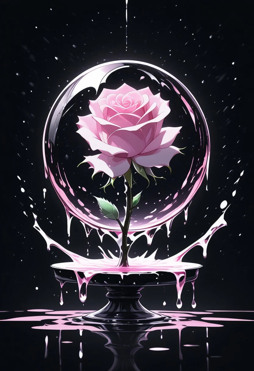 (masterpiece), best quality, Anime, Illustration, (Floating Sphere, Crystal, Magic, Reflection, Melting, Dripping, Pink Rose), Black Background, No Humans, Starry Theme, (Light Refraction), White and Pink Theme, Natural Lighting, Verynsty
