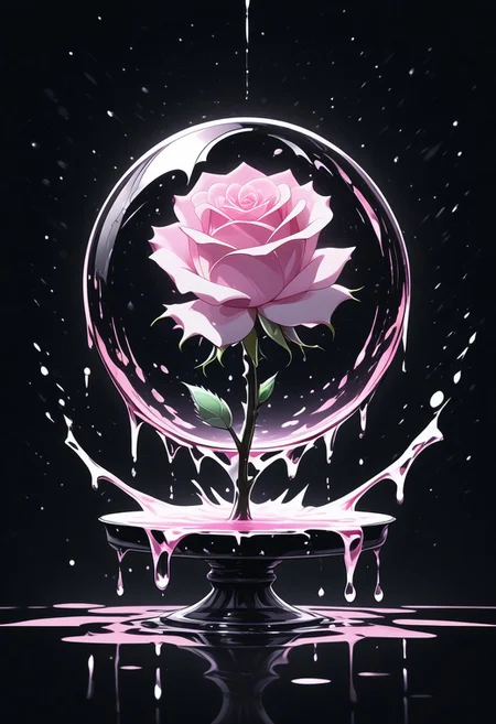(masterpiece), best quality, Anime, Illustration, (Floating Sphere, Crystal, Magic, Reflection, Melting, Dripping, Pink Rose), Black Background, No Humans, Starry Theme, (Light Refraction), White and Pink Theme, Natural Lighting, Verynsty