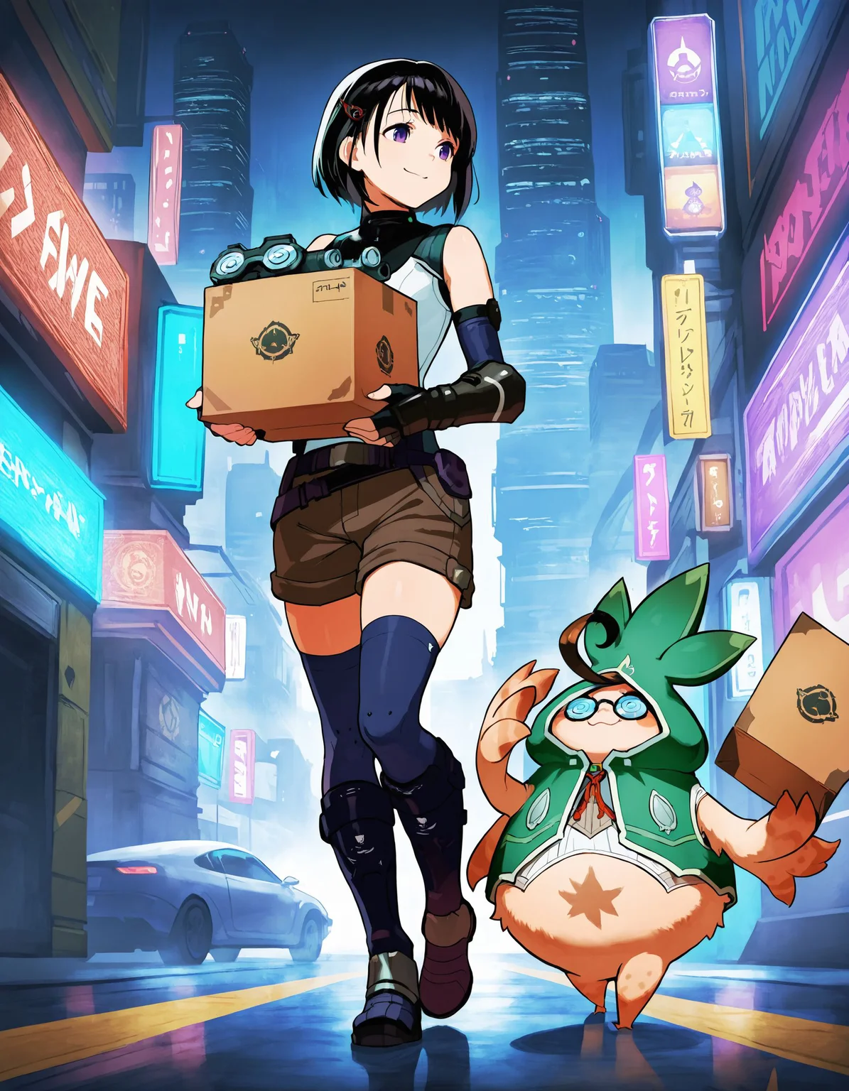 1girl,<lora:lin lee koo 2units_illustriousXL:0.8>,lin switch,purple eyes,hairclip,elbow gloves,fingerless gloves,gauntlets,white shirt,belt,brown shorts,blue thighhighs,knee boots,full body,smile,walking,holding box,nopon,coke-bottle glasses,hood,science fiction,city,masterpiece,best quality,amazing quality,