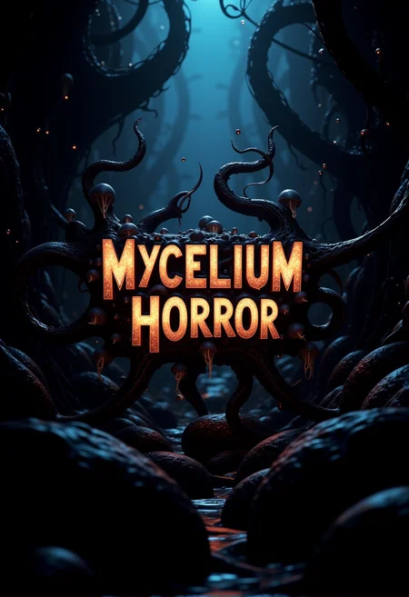 bv-mychorwo, mycelium, horror,. The phrase "Mycelium Horror" crafted from organic, twisted fungal growths that appear alive, with tendrils extending menacingly beyond the letters, surrounded by a dark, haunted forest setting. The background features gnarled roots snaking across the forest floor, covered in bioluminescent fungi. The scene is captured in dim, oppressive lighting, with beams of eerie blue and orange light illuminating the text. The letters themselves are formed from fungal growths that seem to breathe, pulsating rhythmically, and the entire setting evokes a sense of a living forest infected by something sinister, rendered as a hyper-realistic 3D render focusing on intricate fungal details. , <lora:bv-mycelium-horror-world-v1.safetensors:1.0:1.0>