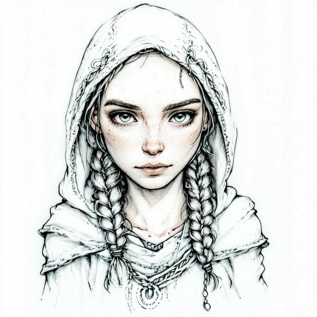 ArsMJStyle, Whimsical Mechanica, Line Drawing, The image is a black and white sketch of a young woman's face. She has long braided hair that is styled in two braids and is tied up in a braid-like manner. Her hair is covered with a hood that covers her head and shoulders. She is wearing a necklace with a pendant and earrings. The woman has a serious expression on her face and is looking directly at the viewer. The sketch is done in a sketchy hand-drawn style with loose lines and shading. The overall mood of the image is mysterious and contemplative., 1girl, solo, freckles, hood, monochrome, braid, twin braids, greyscale, looking at viewer, traditional media  <lora:Whimsical_Mechanica_Line_DrawingSDXL:1>