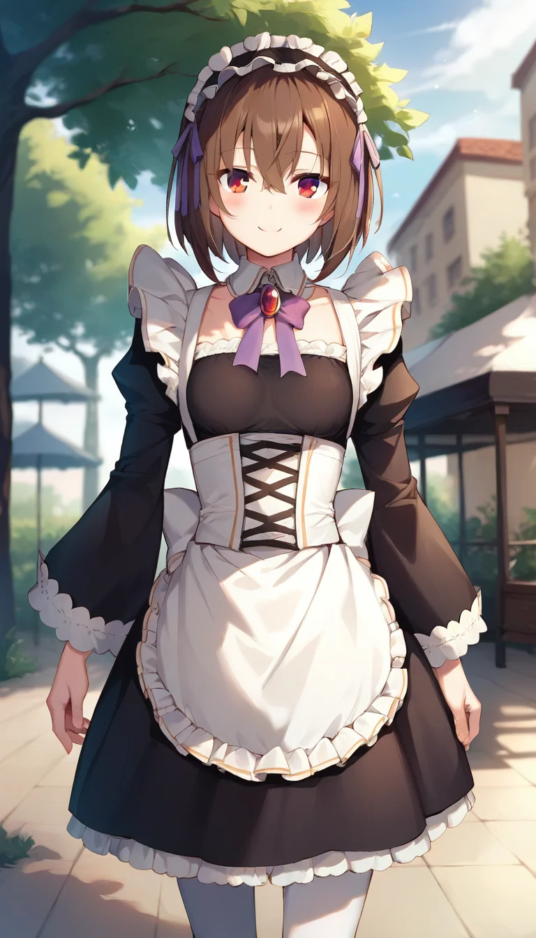 score_9,score_8_up,score_7_up,score_6_up BREAK official art,solo,outdoors,cowboy shot,looking at viewer,facing viewer,smile,blush,Shary Corvette,maid headdress,medium hair,brown hair,hair between eyes,red eyes,black bow,jewelry,brooch,purple ribbon,juliet sleeves,long sleeves,puffy sleeves,wide sleeves,small breasts,maid apron,white apron,frilled apron,black dress,white pantyhose,mary janes,<lora:Shary Corvette(sgmt)-Pony:1.2>,