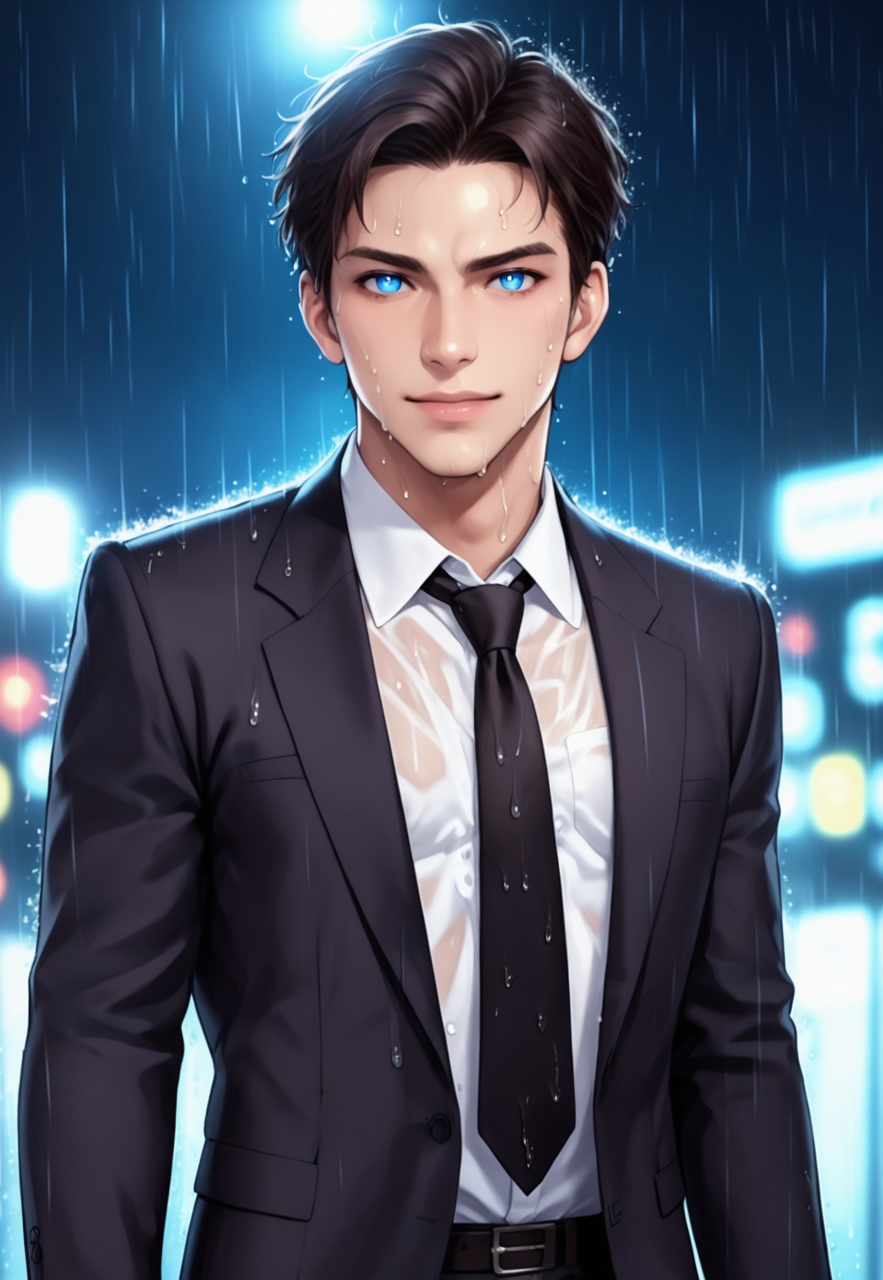 score_9, score_8_up, score_7_up, 

1boy, A dark-haired male protagonist with an intense, confident smirk, in the rain, under a stormy sky. Blue eyes, piercing blue eyes, glowing eye, ominously glowing eye, partially obscured by deep shadows across his face. black suit, partially unbuttoned, revealing a white shirt, griping loosened black tie, black tie, loose black tie, dark energy, dark energy swirl around him, powerful, mystery, antihero, 
Rain, dramatic, motion, dynamic scene, wet skin, wet clothes, calm expression, deadly, enigmatic aura.

blurred background, blurry background, stormy environment, dominant, isolation, strong, confident,

emerging from the darkness, perfect quality, high quality, photorealistic, sitting BREAK orange and blue hue, (abstract:0.2), 