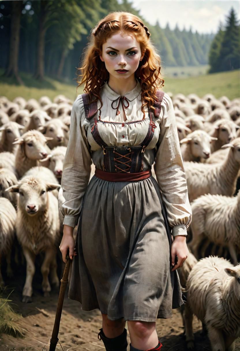 redhead, woman 18 yo, very red curly hair, ginger,
tick red eyebrows,
Analog film photograph, extremely detailed, photorealistic, professional photograph,
1girl, grrrl,
wearing homespun peasant dress,
shepherdess holding a shepherd's crook, flock of sheep,