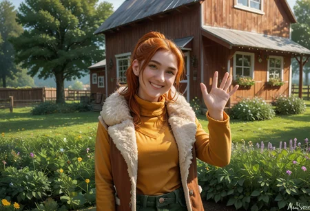 score_9, score_8_up, score_7_up,, high res ima , source_photo, source_real, (realistic:1.4),
1girl, cowboy shot, solo, smile, waving,
outdoors, farm, garden, <lora:Robin_-_IL:0.8> Robin_SDV, green eyes, orange hair, ponytail, yellow turtleneck, green pants, brown vest, fur trim, masterpiece, best quality, good quality, newest
