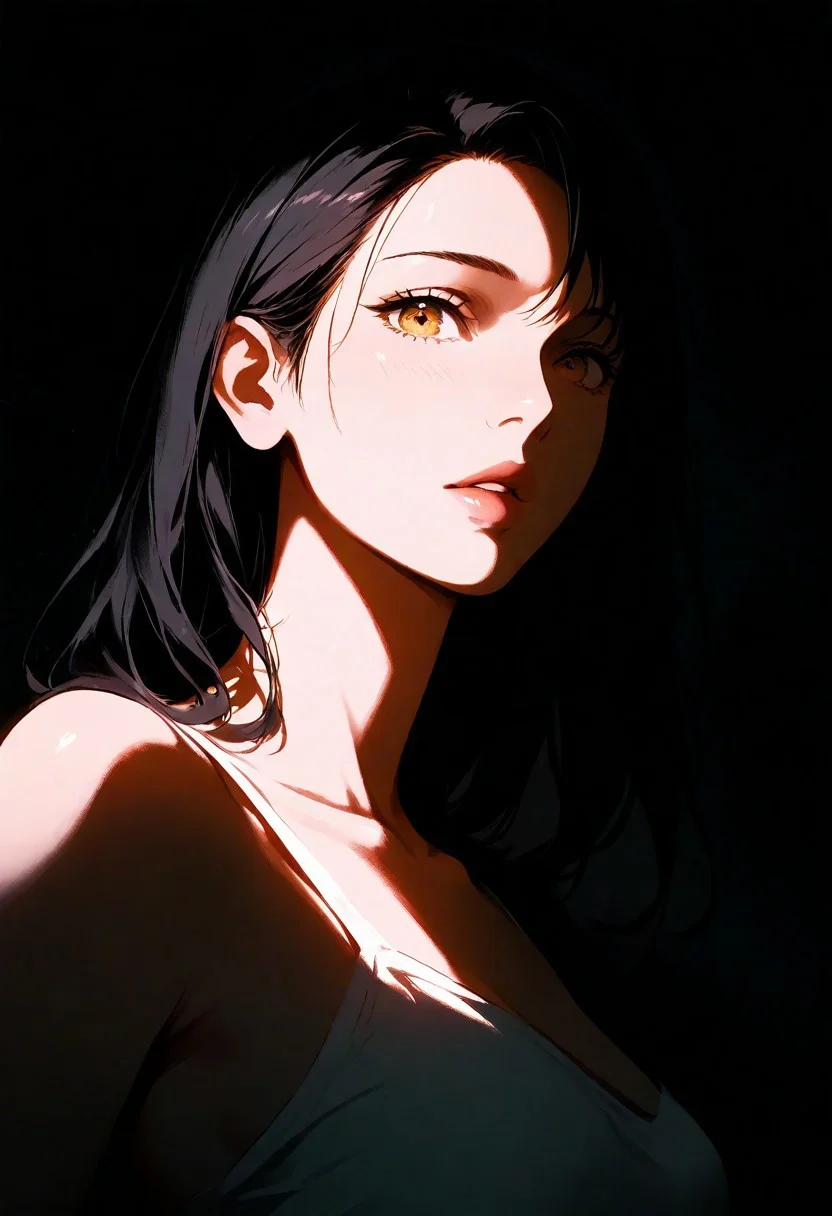 1girl, misato, lips, thin lips, parted lips, solo, looking at viewer, camisole, upper body, dark, underlightling, masterpiece, best quality, very aesthetic