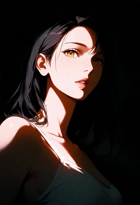 1girl, misato, lips, thin lips, parted lips, solo, looking at viewer, camisole, upper body, dark, underlightling, masterpiece, best quality, very aesthetic