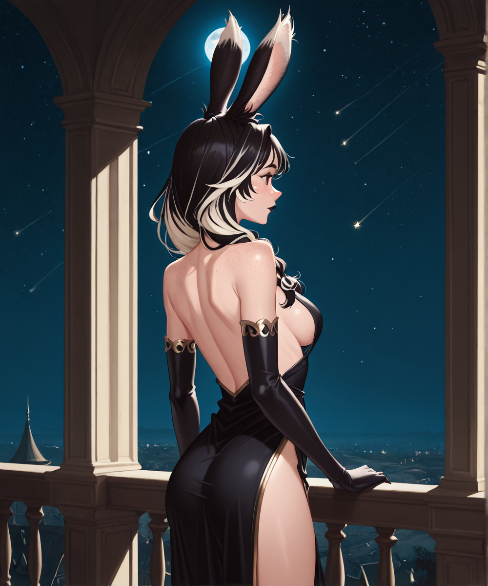 sensual, freckles, <lora:Silvia_Illustrious-000005:0.9>silvia, 1girl, black hair, white hair, multicolored hair, viera, rabbit ears, black lipstick,
, black gilded night dress, long high slit dress, underboob, elbow gloves, standing in balcony, night, sky, stars, falling star, gazing at the sky, moon, moody, solemn, alone, solo, solo focus, atmospheric, masterpiece, golden trim, black dress, blonde hair, braids, from side, from behind, baroque, golden trim, distinguished, intricate detail, detailed, detailed hard lighting, soft lighting