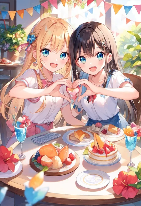 score_9, score_8_up, score_7_up, source_anime, 2girls,  laugh, heart hands, indoors, party, table