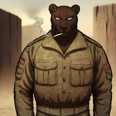 score_9_up, score_8_up, score_7_up, Masterpiece, best quality, high quality, detailed, male, solo male, 1boy, Coal Gadot, anthro, panther, mature male, animal ears, dark brown body, athletic build, black eyes, muscular male, outdoors, looking at viewer, standing, smoking a cigarette, light green shirt, military, army, camo pants, half body
