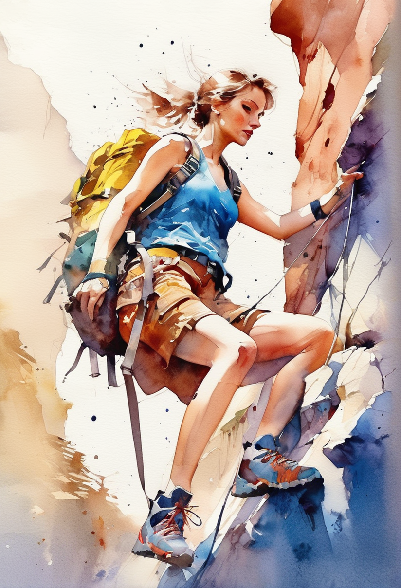 Art Deco style,full body photo of beautiful woman participating in cliff climbing,mountaineering clothing,hiking shoes,highly detailed beautiful face,Banksy art,Kim Jong-ki,freedom,soul,digital illustration,comic style,near perfection,dynamic,highly detailed,(Watercolor:1.3),artstation,concept art,smooth,sharp focus,illustration,art by Carne Griffiths and Wadim Kashin,elegant,decorative,curvilinear forms,nature inspired,ornate,detailed,geometric shapes,bold colors,luxury,Elegant,decorative,symmetrical,ornate,detailed,<lora:Watercolor _sdxl:1.2>, Watercolor style,