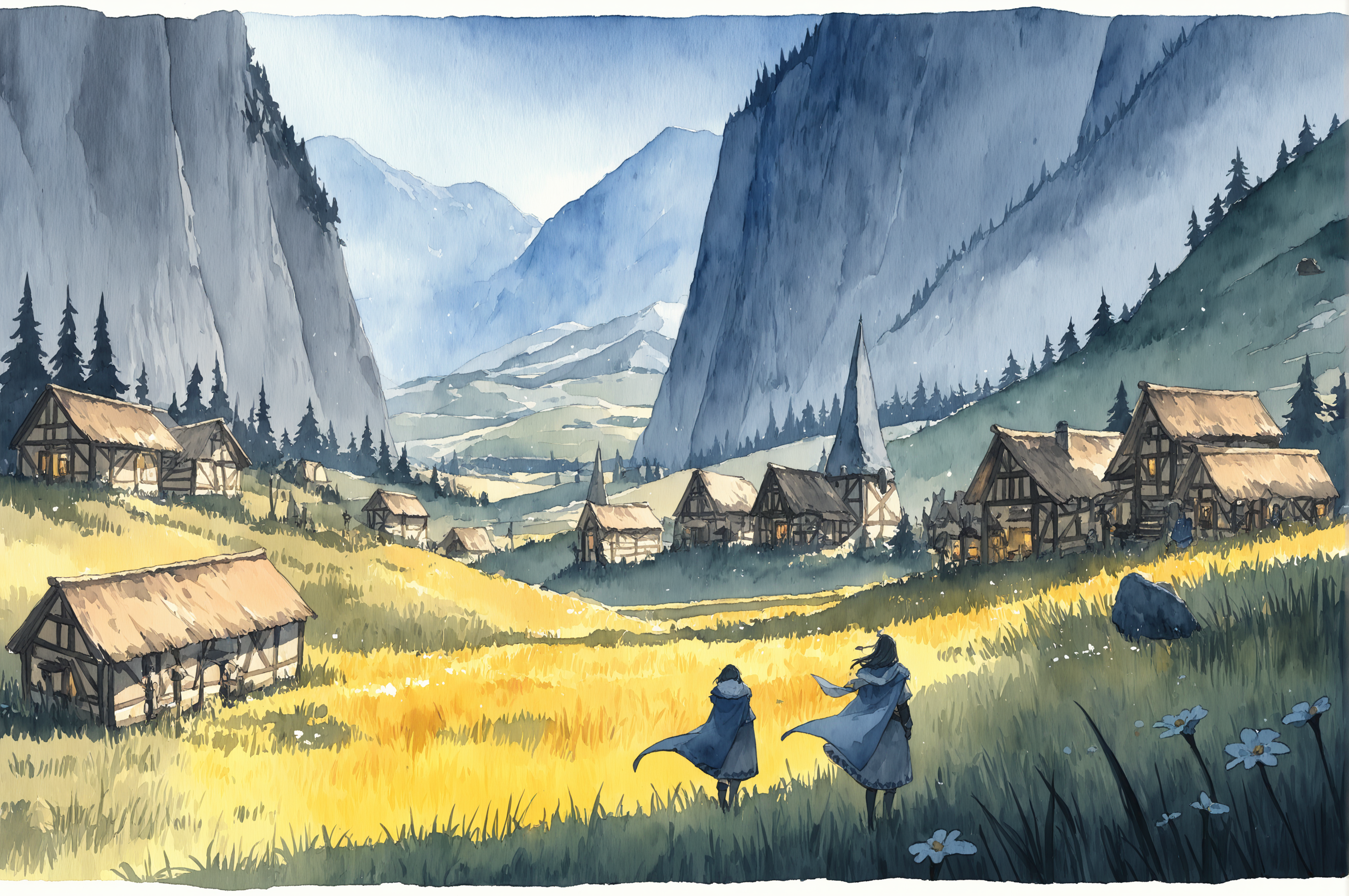 masterpiece, best quality, amazing quality, very aesthetic, high resolution, ultra-detailed, absurdres, newest, rim light, (watercolor_\(artwork\):1),<lora:WCXLN2dot0:0.6>, fantasy, village, plains,