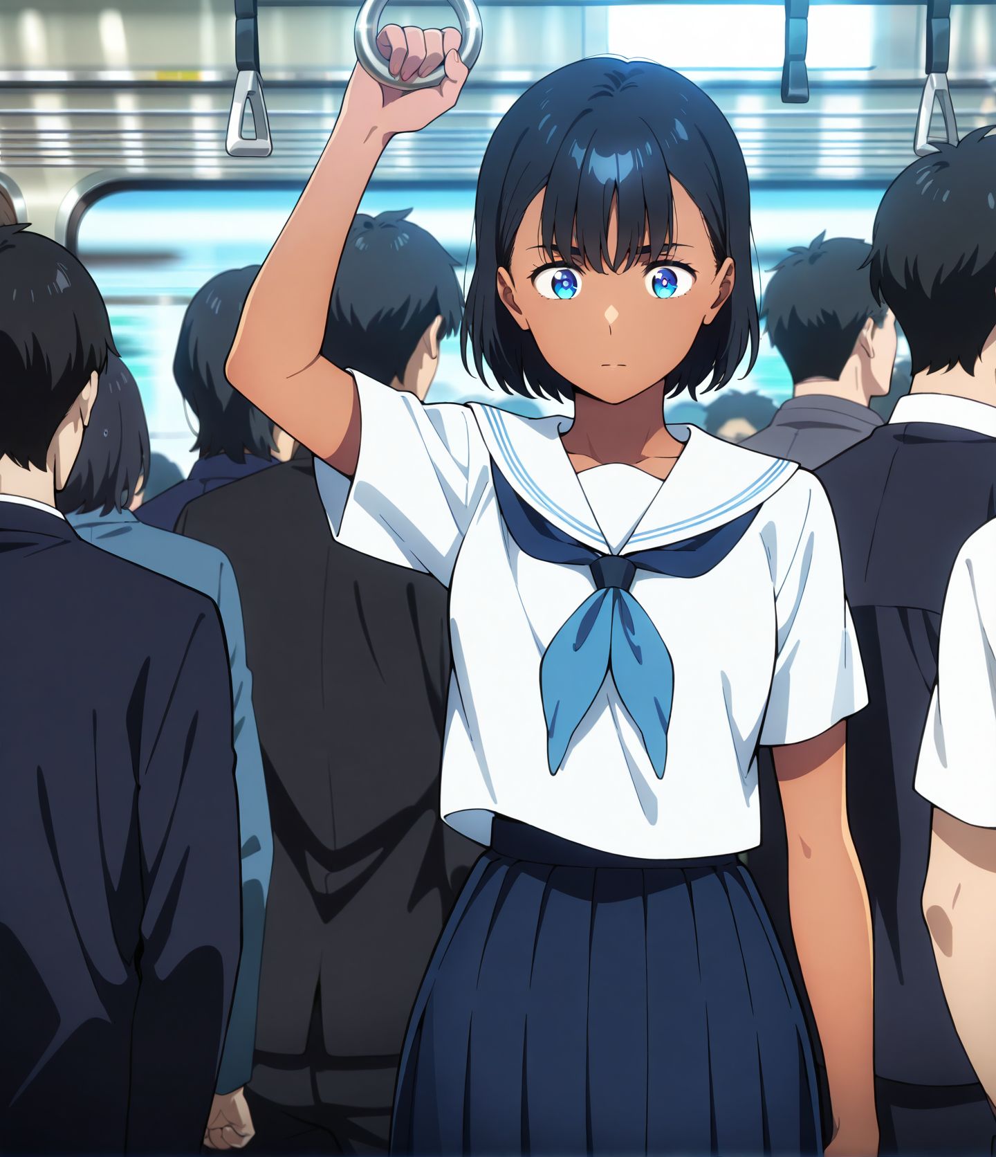 <lora:add-detail-xl:0.5>,,masterpiece,best quality,anime coloring,anime screenshot,
<lora:sex_on_train:0.3>sex_on_trainV1,
1girl,standing,one arm up, crowd,multiple boys, 
standing,train interior, solo, holding,triangle train strap,front view,
<lora:Mio-IL-v1-08:0.9>, ChopioMio, black hair, short hair, blue eyes,　dark skin female, outfit_1, serafuku, white sailor collar, white shirt, short sleeves, blue neckerchief, blue skirt, pleated skirt, 
20 YO, milf,
