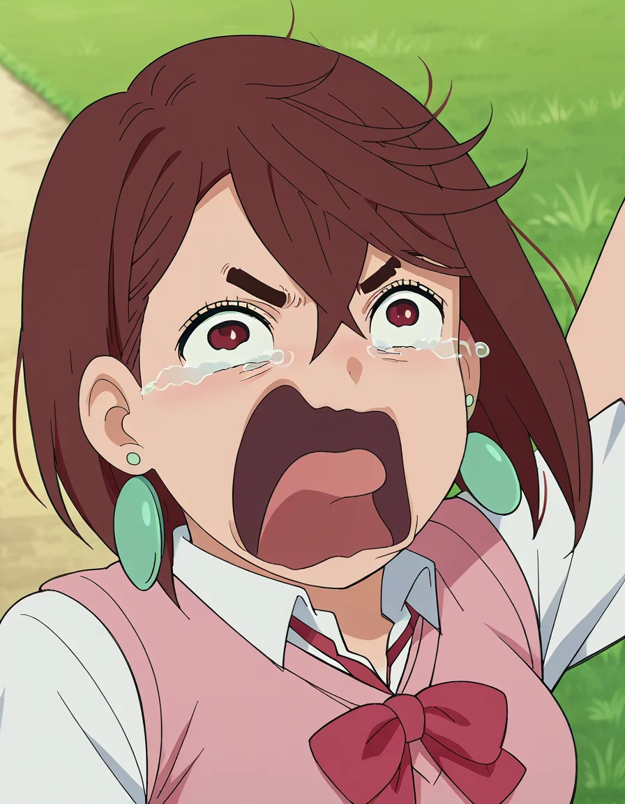score_9, score_8_up, score_7_up, source_anime, <lora:momo-ayase-s1-ponyxl-lora-nochekaiser:1>, momo ayase, short hair, brown hair, brown eyes, bangs, thick eyebrows, medium breasts, anime screencap,, skirt, school uniform, pleated skirt, sweater vest, pink sweater, shirt, white shirt, collared shirt, earrings, green earrings,, park, grass, benches, path, recreation, , <lora:crying-aqua-ponyxl-lora-nochekaiser:1> crying aqua, crying aqua (meme), screaming, crying, crying with eyes open, tears, tongue, open mouth,, looking at viewer, solo,, dutch angle, cowboy shot