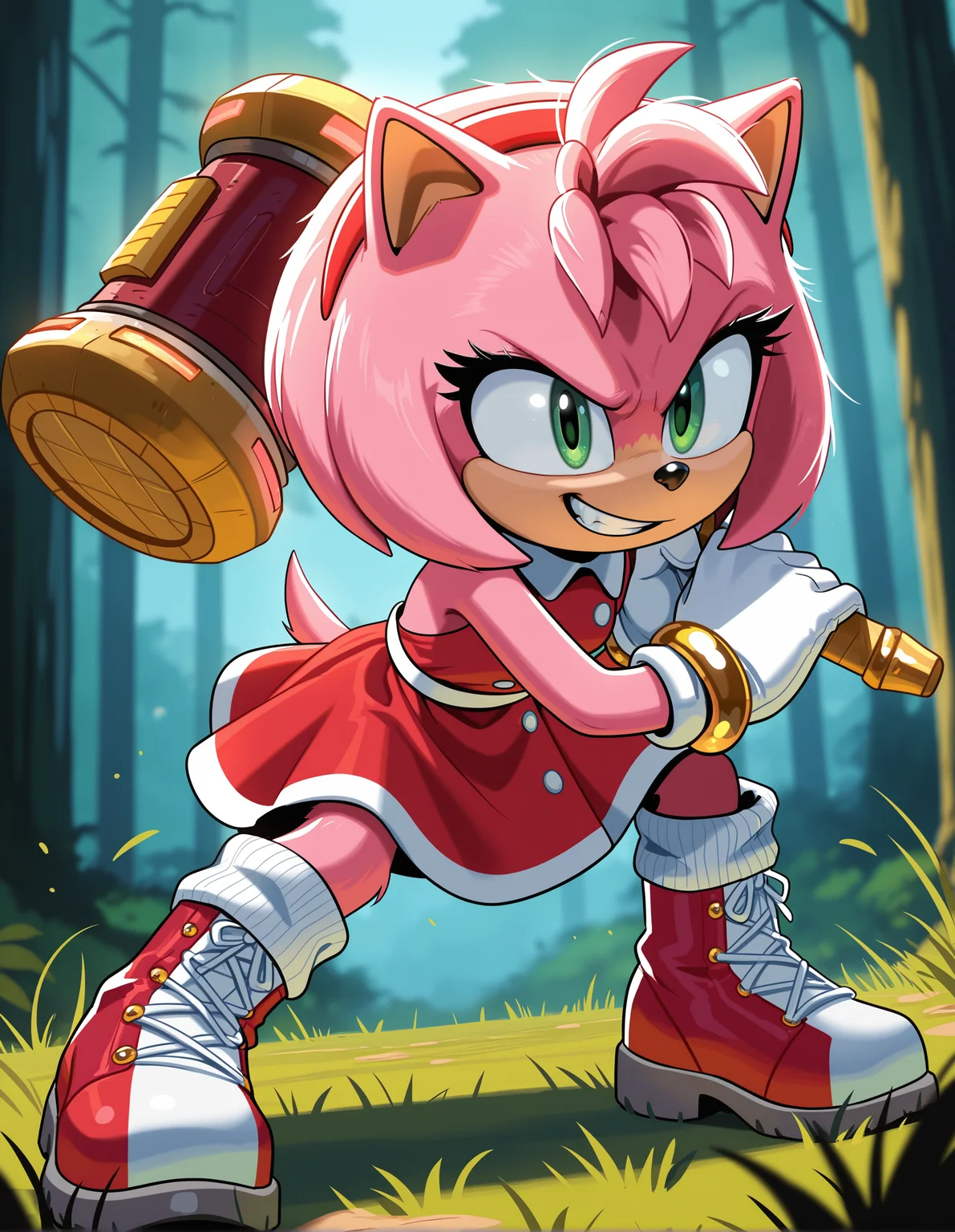 1girl, solo, full body, no humans, green hill zone, forest, grass,
<lora:Movie-Amy:1> movieamy, pink fur, green eyes, animal nose, body fur, hedgehog tail, petite, short legs,
short hair, bob cut, red hairband,
red dress, sleeveless dress, backless outfit, white belt, collared dress, gold bracelet,
white socks, white gloves, standing, lace-up boots, red boots, white boots, two-tone boots, looking ahead,
fighting stance, hammer, holding hammer, grin, v-shaped eyebrows, , extremely detailed, highres, masterpiece, best quality