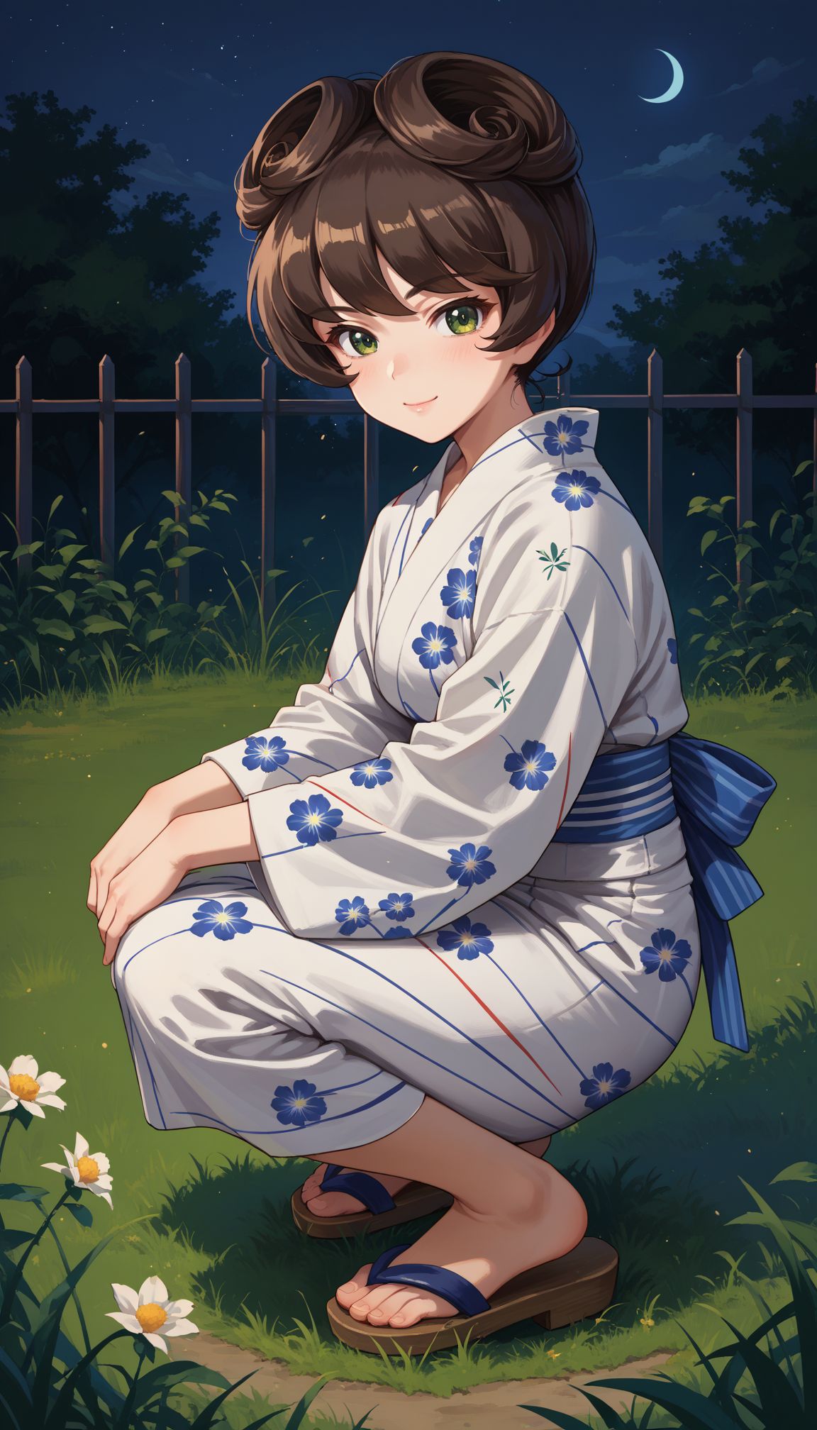 score_9, score_8_up, score_7_up, source_anime, 
 <lora:GUPHosomi:1> 1girl, guphosomi, short hair, green eyes, brown hair, long sleeves, 
night, grass, squatting, yukata, japanese clothes, floral print, from side, smile, looking at viewer, sandals, closed mouth,