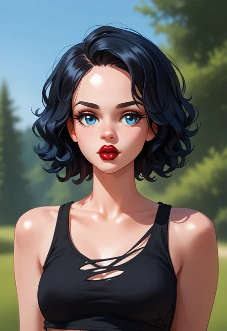 score_9, score_8_up, score_7_up, score_9, score_8_up, score_7_up, casual game art style, casual game art, mobile game art, merge 3 game art, character design, casemrart, victit, 1girl, pale skin, solo, black hair, wavy hair, short hair, blue eyes, long eyelashes, puffy lips, dark red lipstick, (septum piercing), torn top tank, black top tank, upper body, looking to the side, foreshortening, depth of field