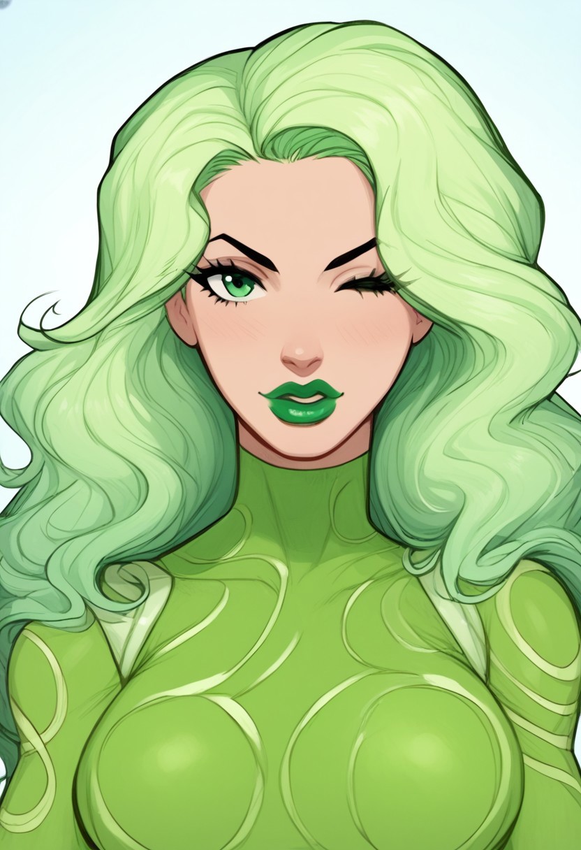 score_up_9, score_up_8, score_up_7, best quality, hd, 2d, upper body, puckered lips, winking at viewer, 
Vertigo (Marvel), 1girl, solo, green hair, green eyes, green lipstick,shiny clothes, bodysuit, long hair, full body, hand on hips,beautiful face, luscious lips, glossy lipstick, straight hair