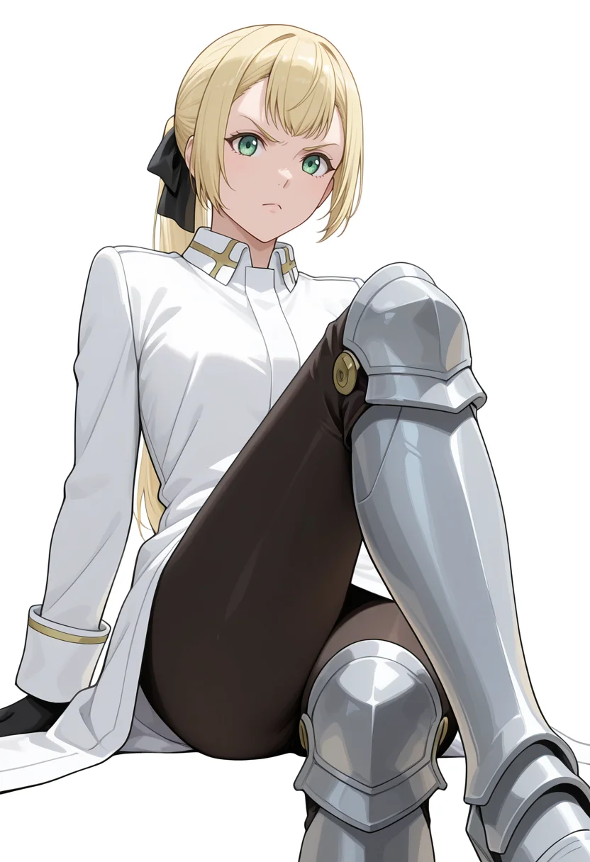 Smooth Quality,masterpiece,very intricate, high quality details, ultra realistic, high detailed skin,detailed enviorement,absurdres,
simple background, white background,
from below,reclining pose, one leg crossed over the other, arm draped over backrest, calm demeanor, ,angry,
<lora:Rituscnn:0.8> rituscnn, 1girl, blonde hair, green eyes, long hair, ponytail,shirt, white shirt, coat,black gloves, hair ribbon,armored boots,