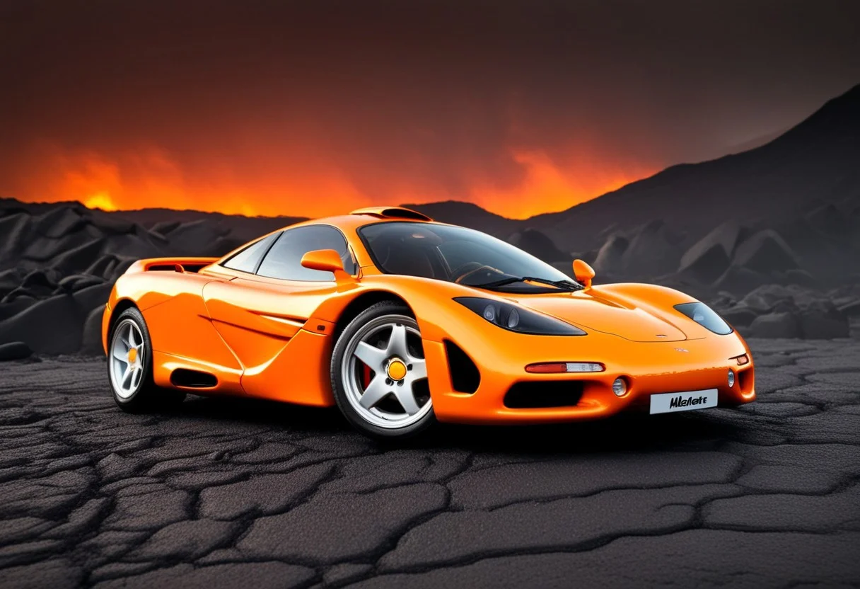 Realistic photography of a (1993 McLaren F1:1.1), orange paint job, (5 spoke rims:0.6), studio lighting focused on the car, (showroom background:1.0), surrounded by lava rivers, black sand ground, HavvoricFireDarkstyle, Cars&bikeslora