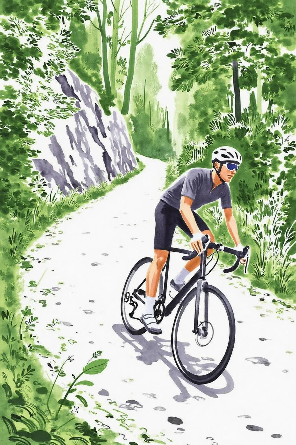 watercolor illustration.
A cyclist in a lush, forested path. The artwork features a cyclist, dressed in a cycling jersey, black shorts, and cycling shoes, riding a bike. The cyclist is wearing a white helmet and is leaning forward. <lora:minink1_cap_d6a3e12:1.0><lora:825119254283078035:0>