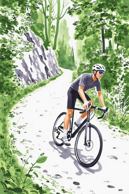 watercolor illustration.
A cyclist in a lush, forested path. The artwork features a cyclist, dressed in a cycling jersey, black shorts, and cycling shoes, riding a bike. The cyclist is wearing a white helmet and is leaning forward. <lora:minink1_cap_d6a3e12:1.0><lora:825119254283078035:0>