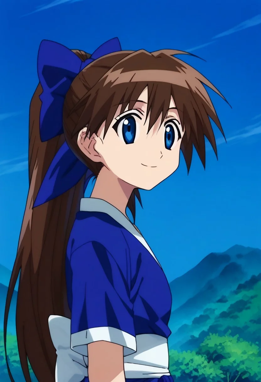 score_9, score_8_up, score_7_up, source_anime, highly detailed,
suzuaira, 1girl, solo, brown hair, long hair, ponytail, blue eyes, bow, hair bow, blue bow, japanese clothes, shirt, blue shirt, short sleeves,
outdoor, island, palms, sky, upper boy, smile,