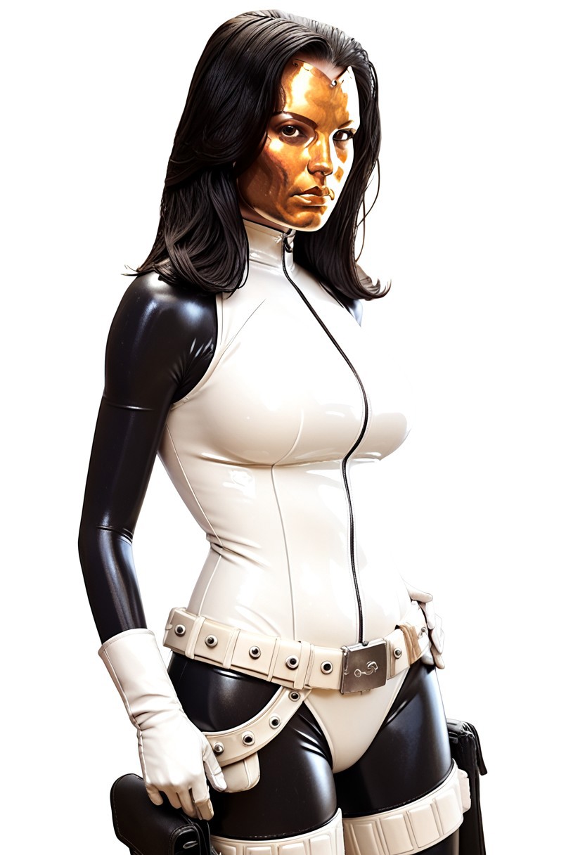 Score_9, score_8_up, score_7_up, best quality, 
Madame Masque, 1girl, Gold Mask, Bodysuit, Gloves, Belt, Holster, Boots, hand's on own hips, large breasts, upper body, latex, skin tight, looking at viewer,