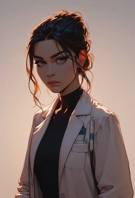 (score_9, score_8_up, score_7_up). ( line work, excellent drawing, highest quality, extremely detailed:1.2). Masterpiece, best quality, highly detailed, highres, scientist, intelligent, lab coat, curious, stoic, serious, g0thicPXL, romantic, cinematic lighting, volumetric lighting,