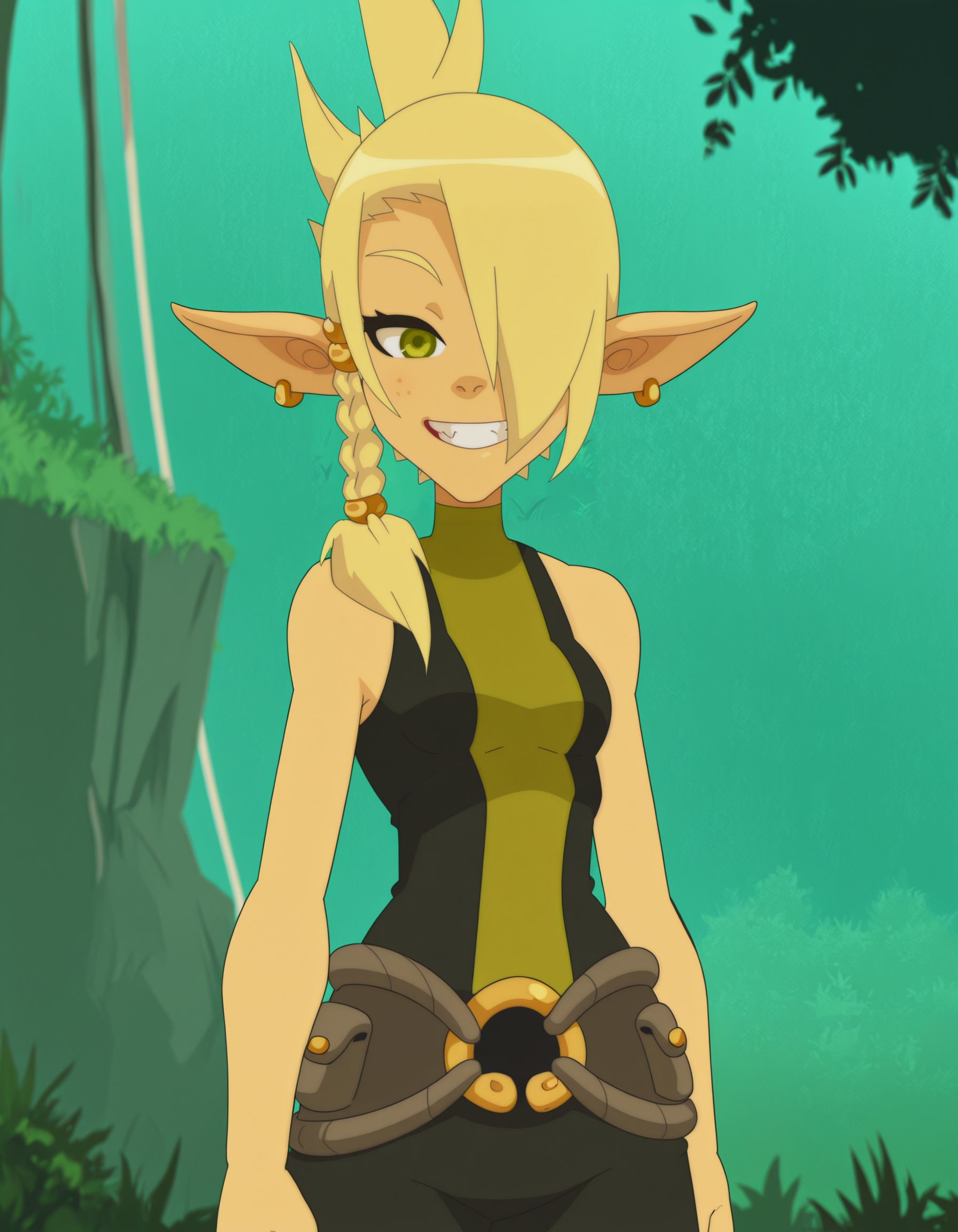 cleophee, pointy ears, blonde hair, jewelry,sleeveless, pants ,belt,  braid, green eyes, hair over one eye, 1girl, bare shoulders,cowboy shot, outdoors, grin,  <lora:CleopheeIllustrious1.0JLFO:1>