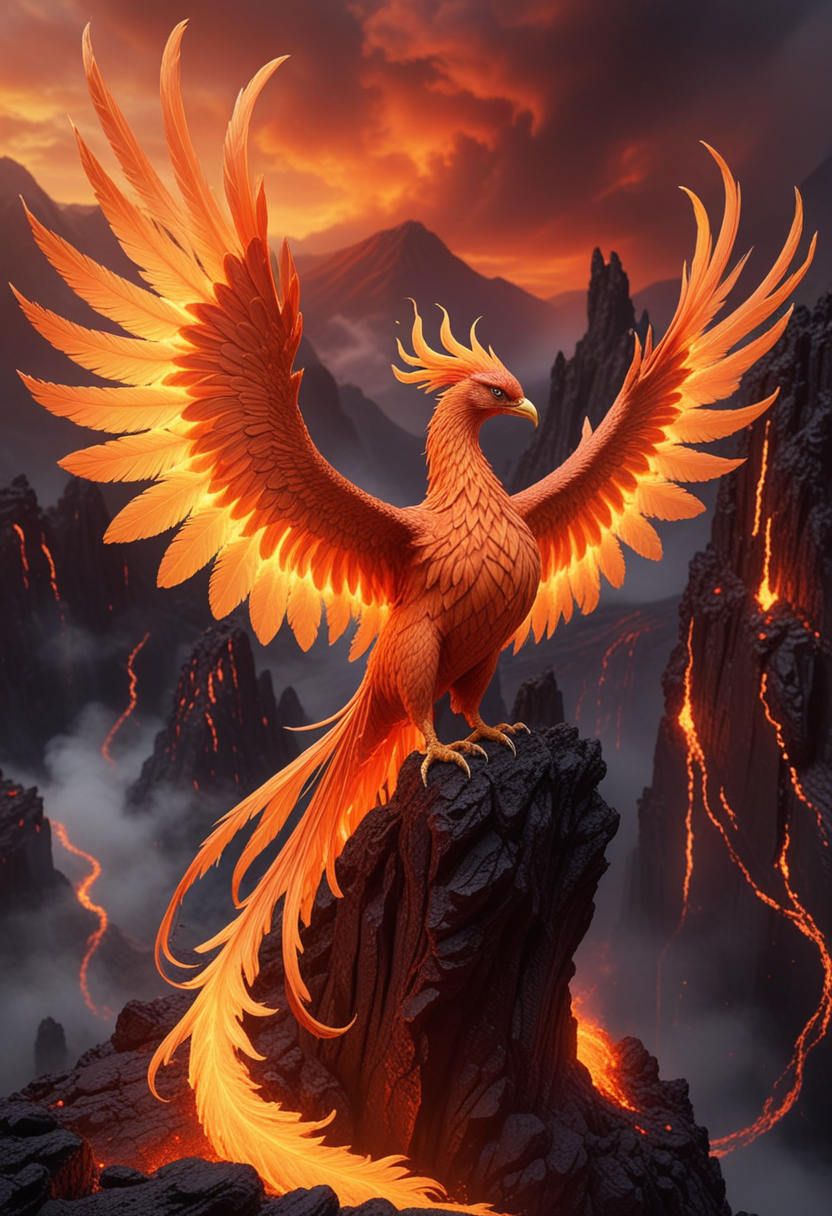(medium full shot) of a resplendent phoenix with fiery orange plumage glowing brilliantly, ethereal wings unfurled majestically, an ethereal tail trailing flames,  shimmering claws glinting, glowing bracelets, perched on a fiery perch, set in  a volcanic mountain, with glowing lava, ash clouds, an intense, powerful presence , Masterpiece,best quality, photo, realistic, very aesthetic, detailed face,
