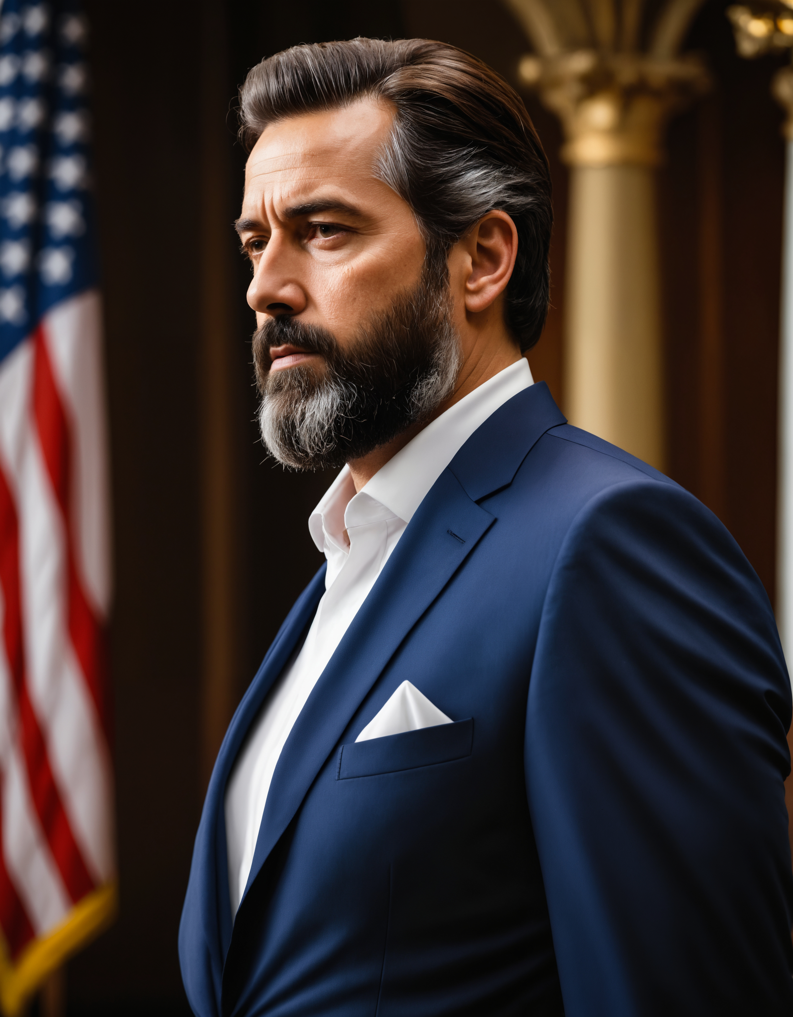 A bewitching man with a beard as the president of the united states, 8k photorealistic, cinematic lighting, HD, high details, dramatic, trending on artstation, full body, head shot, film still, stunning photography. award coached, anatomically correct, hyper realistic, super detailed, 4k uhd image, canon eos r3,