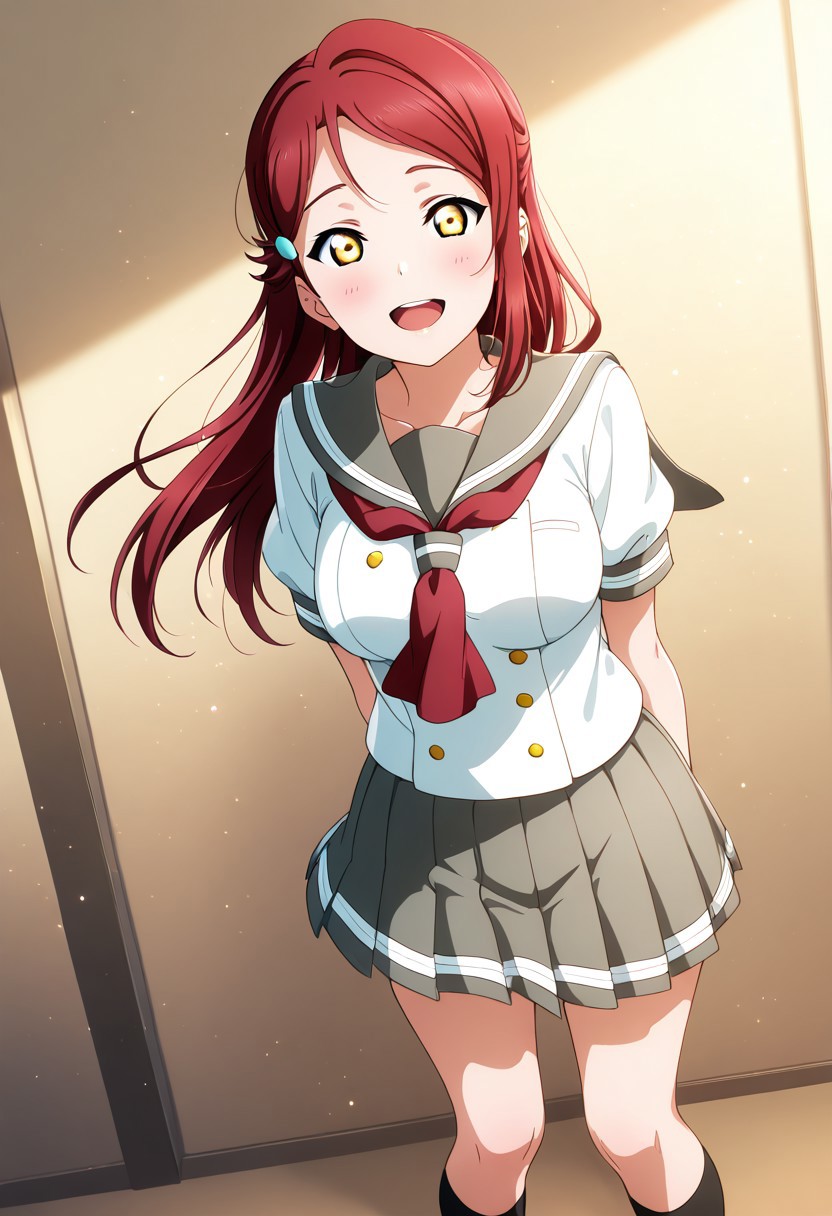 masterpiece, best quality, solo, 1girl, aged up, happy, large breasts, 
riko_sakurauchi, long hair, hair ornament, yellow eyes, red hair, hairclip, skirt, short sleeves, pleated skirt, serafuku, socks, neckerchief, kneehighs, black socks, red neckerchief, grey skirt, uranohoshi school uniform,  standing,