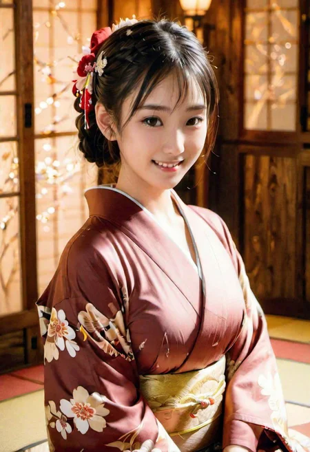 OverallDetail, (best quality, ultra-detailed, an extremely delicate and beautiful:1.2), (1girl, smile wavy mouth, twin braids hair, black hair, brown eyes, small breasts, brown kimono:1.3), (shiny clothes, kimono, shiny skin:1.5), (3d:1.1), (happy new year, japanese room, particle lighting, below wind, close-up, wariza:1.4)