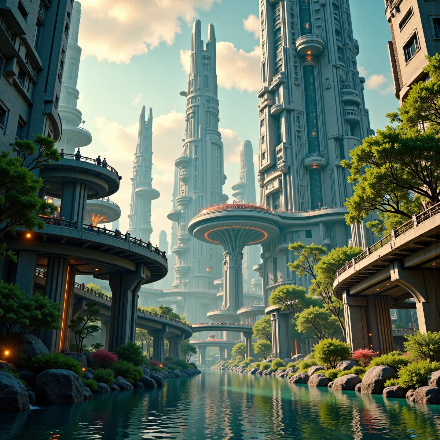 anm-frac of high detail photo of a huge futuristic high-tech city on a foreign planet. in the center there is a gigantic cylinder, a structure that streches far into the sky and has glowing lights on various levels. Also big gardens are edged into building. Public transport lines with trains on rails connect the city from every direction and cross the small lake all around the city. There are bright bluish forests and the water of the lake is hughly reflective. sunset, saturated colors fractal patterns, on an empty street , Illustrate the contrasts of light and shadow to convey depth and emotion. Light bouncing off surfaces to create interesting patterns and highlights. Fresh Greens: Lime green, olive, and moss for a lively, fresh look, ultra detailed cinematic film still <lora:anm-frac-v1-000048:1>