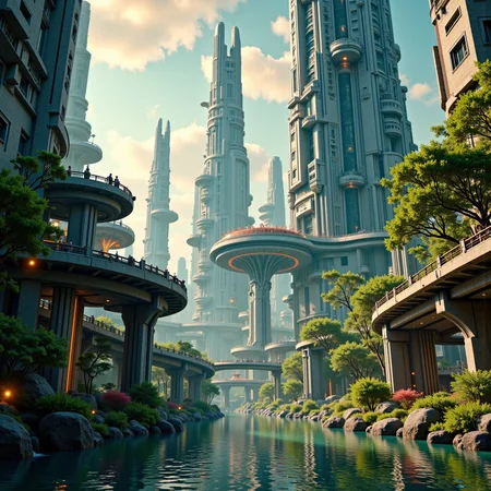 anm-frac of high detail photo of a huge futuristic high-tech city on a foreign planet. in the center there is a gigantic cylinder, a structure that streches far into the sky and has glowing lights on various levels. Also big gardens are edged into building. Public transport lines with trains on rails connect the city from every direction and cross the small lake all around the city. There are bright bluish forests and the water of the lake is hughly reflective. sunset, saturated colors fractal patterns, on an empty street , Illustrate the contrasts of light and shadow to convey depth and emotion. Light bouncing off surfaces to create interesting patterns and highlights. Fresh Greens: Lime green, olive, and moss for a lively, fresh look, ultra detailed cinematic film still <lora:anm-frac-v1-000048:1>