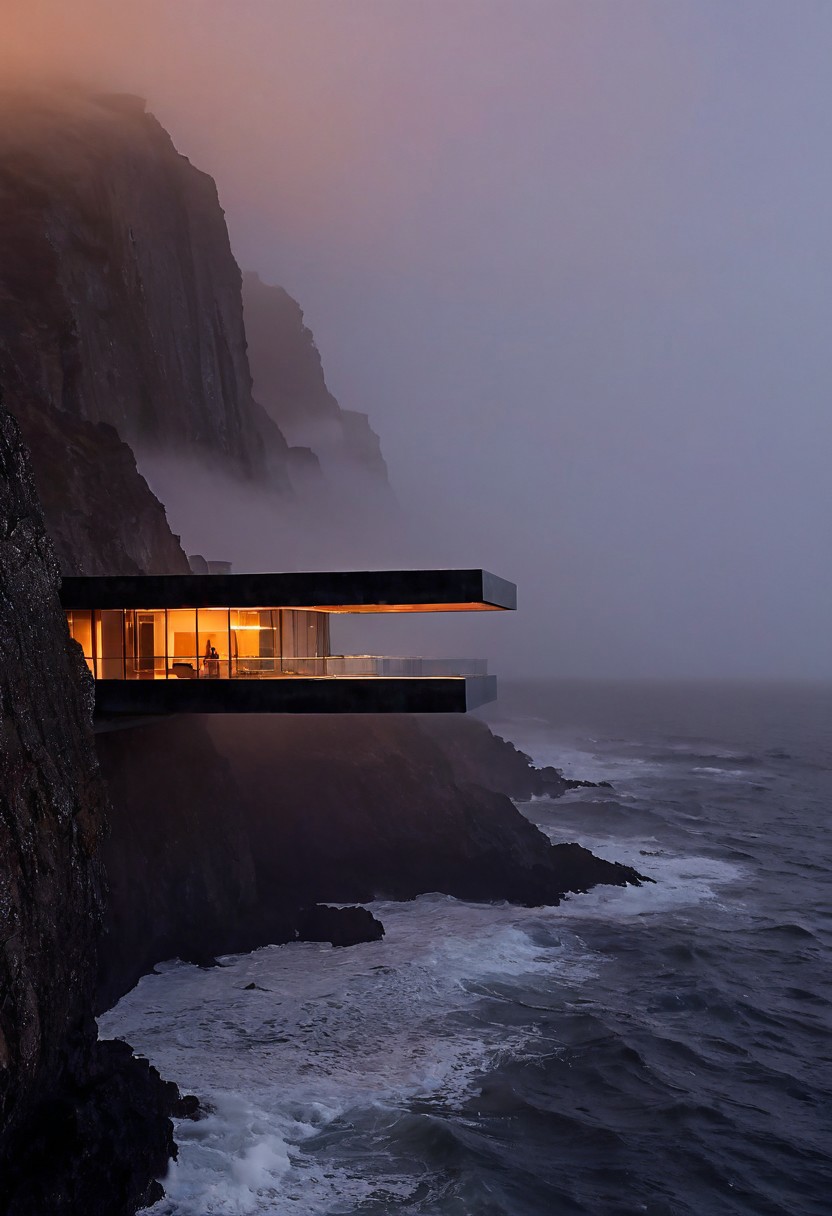 A modern architectural building features a cantilevered structure extending over the ocean, photographed during dusk. The building consists of two main horizontal levels with floor-to-ceiling glass walls, illuminated from within by warm orange lighting that creates a striking contrast against the dark exterior and misty environment. The rectangular structure appears to float above turbulent ocean waters, anchored into dark granite coastal cliffs that disappear into dense fog. The wide-angle composition captures the building's bold geometric design from a high vantage point, showcasing its harmonious integration with the rugged natural landscape of steep cliffs and crashing waves below. Wide-angle architectural photography with dramatic dusk lighting and sharp focus on structural details.