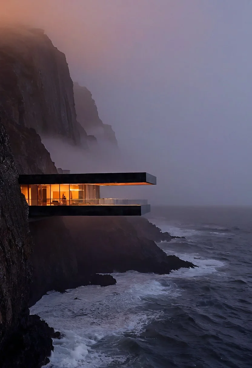 A modern architectural building features a cantilevered structure extending over the ocean, photographed during dusk. The building consists of two main horizontal levels with floor-to-ceiling glass walls, illuminated from within by warm orange lighting that creates a striking contrast against the dark exterior and misty environment. The rectangular structure appears to float above turbulent ocean waters, anchored into dark granite coastal cliffs that disappear into dense fog. The wide-angle composition captures the building's bold geometric design from a high vantage point, showcasing its harmonious integration with the rugged natural landscape of steep cliffs and crashing waves below. Wide-angle architectural photography with dramatic dusk lighting and sharp focus on structural details.