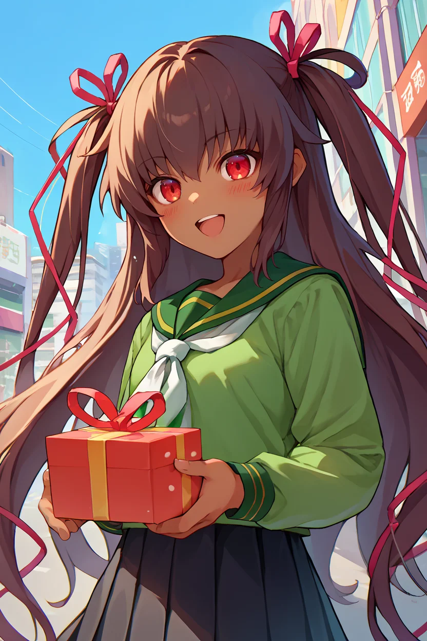 score_9, score_8_up, score_7_up, score_6_up, source_anime, 1girl, solo <lora:mizukiyukikaze-pdxl-nvwls-v1-000005:1> defyuki, tan, brown hair, red eyes, two side up, very long hair, hair ribbon, green shirt, green sailor collar, white neckerchief, long sleeves, black skirt, pleated skirt, holding gift box, happy, blush, open mouth, looking at you, city, street, blue sky