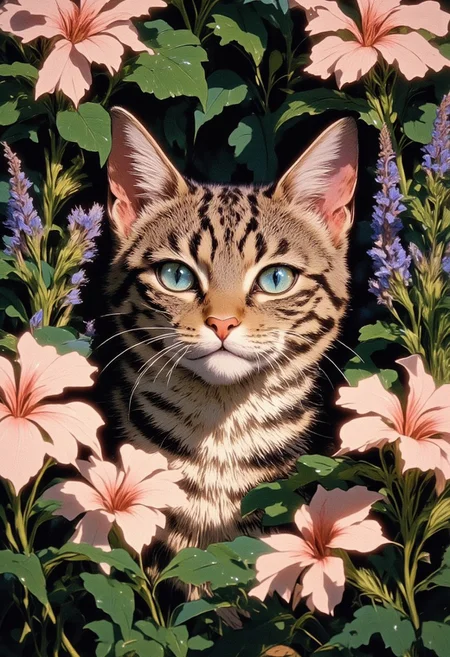 Adorable kitten with large, shiny blue eyes peeking out from a patch of lush green foliage and flowers. The kitten has a soft, fluffy face with white fur around its nose and mouth, and a pink, heart-shaped nose. The surrounding flowers are soft pastels, with pinks and purples creating a gentle contrast against the greenery. The lighting gives the image a warm, serene atmosphere.
