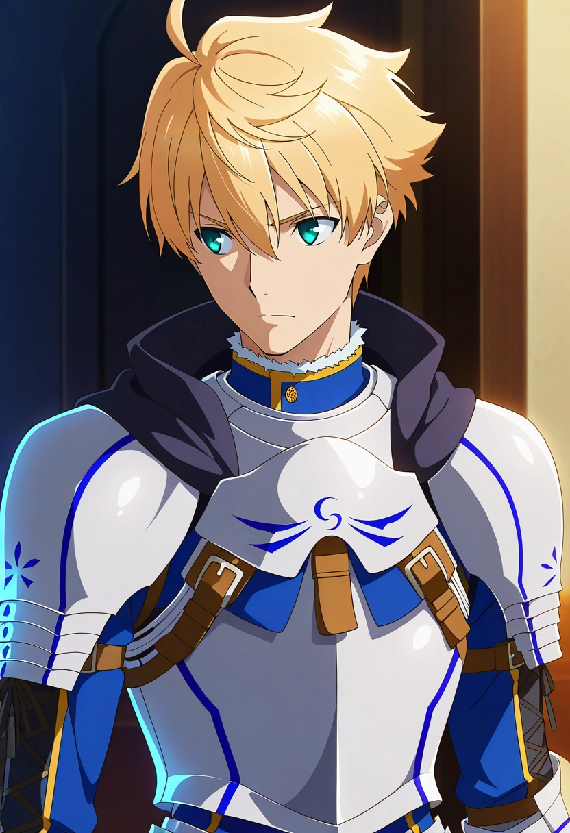 masterpiece, best quality, , anime screencap, anime coloring, , , 1boy, solo, male focus, <lora:arthur_pendragon_fate_ilxl:0.96>, arthur_pendragon_fate, blonde hair, green eyes, short hair, ahoge, hair between eyes, bangs, armor, breastplate, gauntlets, pauldrons, shoulder armor, , , ,