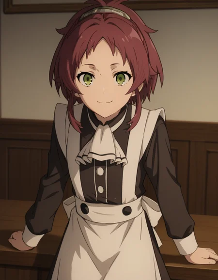 score_9, score_8_up, score_7_up, source_anime,
aishagreyrat, <lora:aisha-greyrat-s2-ponyxl-lora-nochekaiser:1>,
aisha greyrat, green eyes, ponytail, red hair,
long sleeves, apron, maid, ascot, white apron, white ascot,
indoors, bent over, smile,
solo, dutch angle, looking at viewer, cowboy shot,
