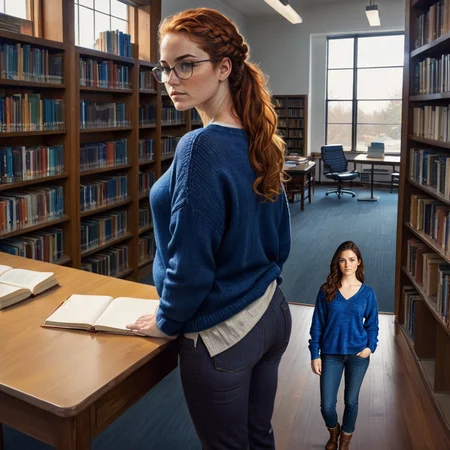 photorealistic illustration, magnificent, epic, majestic, dreamy, green hair, freckled skin, long braided hair, illustration involving two women, one  (shrunken:1.6, miniature:1.6) woman,35-year-old mature, fit, oversized blue baggy sweater, loose baggy pants, in school library, (woman standing on library desk),  pencil, woman next to notebook on desk, water bottle, wood floors, windows, wood chair, library shelves in background, lamp, stack of books on desk, (slight frown), and one tall [curvy]  woman wearing sweater and jeans standing on floor,  <lora:shrunk_v1_xl_64:0.2>