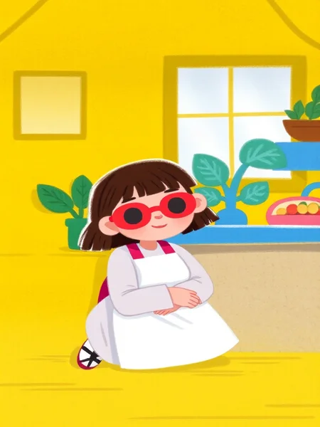 A cute anime-style drawing. A smiling girl with short brown hair, red glasses, and a pink apron over a white long-sleeve dress with a bright smile. She kneels next to a bright yellow house, leaning on a counter. In the background, a green plant on the window sill, a blue plant in a pot, and a fruit bowl on the counter. Vibrant colors, whimsical atmosphere, cheerful scene.

best composition, best quality,masterpiece, vibrant colors, healing atomosphere