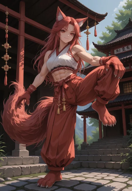 safe_pos, score_9, score_8_up,solo,(fox girl),dark red fur,standing proudly,cute eyes,beautiful face,shiny skin,narrow waist,((slender figure:1.3)),(huge fluffy ears:1.4,pointy),(big fluffy tail,detailed tail),jewelry,elegant adornments,((sleeveless miko clothes)),loose top,(short hakama),(midriff:1.1),hip window,(abs,muscular),muscular arms,marked veins,muscular legs,inviting expression,smile,((girl focus,full body focus)),proud expression,dumb smile,closed mouth,cat mouth,(dark red eyelashes,long eyelashes),(close-up),(one leg up),(fighting pose),((imposing figure)),(paws,paw feet),
outdoors scenery,eastern medieval shrine,(view from front,view from side)