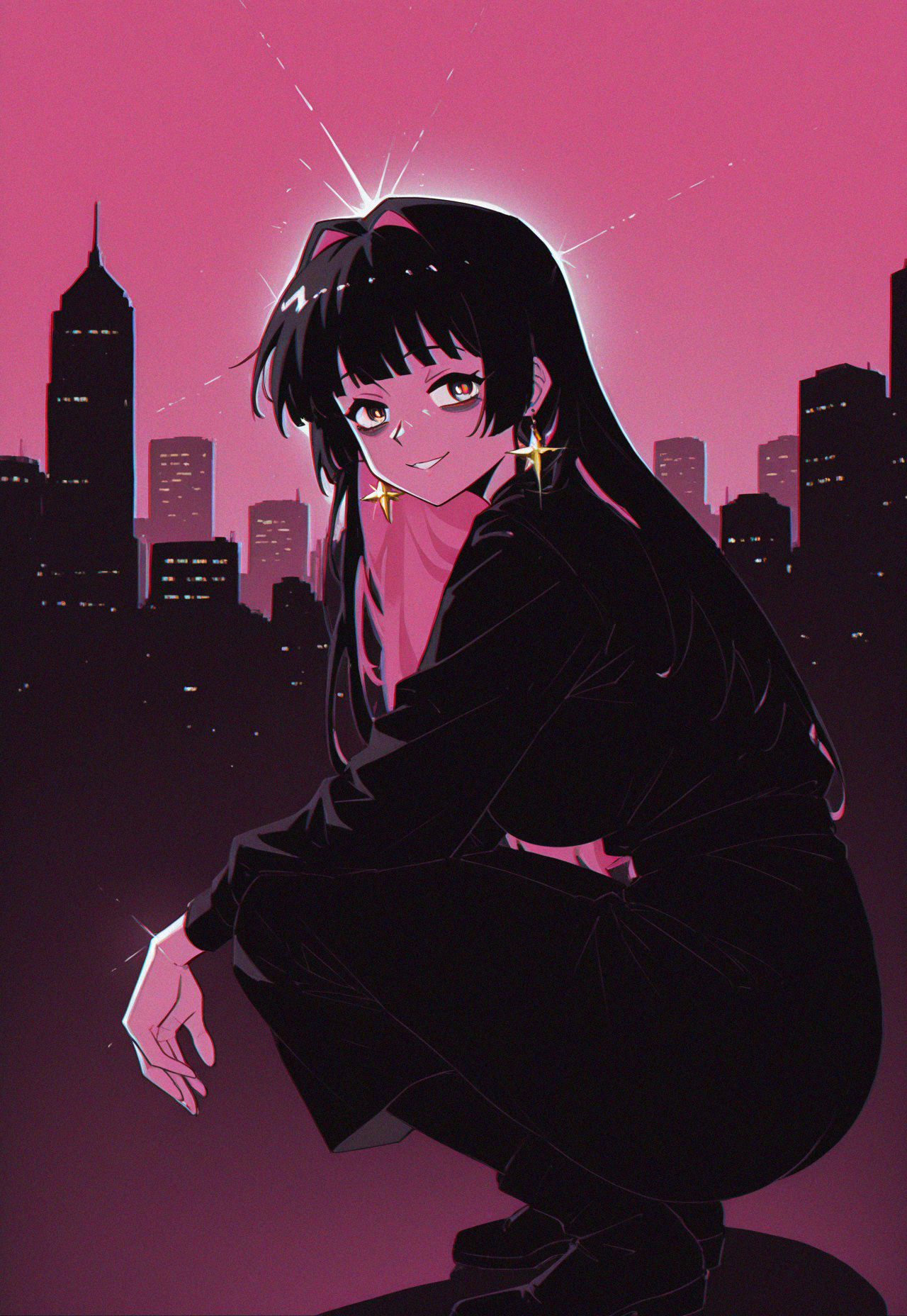 (svhs, chromatic aberration, film grain, faux retro artstyle, 1990s \(style\)),
cyril, solo, black hair, colored inner hair, from side, crouching, turning head, looking at viewer, star earrings, partially colored, glint, lens flare, false smile, bags under eyes,
colored outline,
analogous colors, partially colored, dark silhouette, pink inner hair, inner glow,
[cityscape, neon, pink background],
masterpiece, best quality, absurdres
